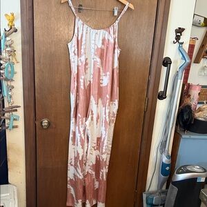 Blush Tie-Dye Maxi Slip Dress with White Accents